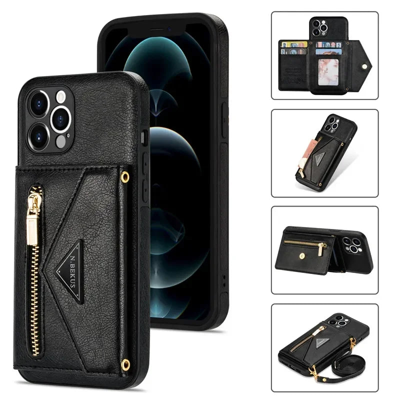 Zipper Wallet Phone Case For iPhone 17 Air 16 Plus 16E 15 Pro Max Leather Card Back Crossbody Strap Leather Magnetic Wallet Phone Case by Smarsty