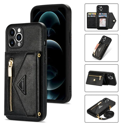 Zipper Wallet Phone Case For iPhone 14 13 12 11 X XS XR Leather Card Back Crossbody Strap Leather Magnetic Wallet Phone Case by Smarsty