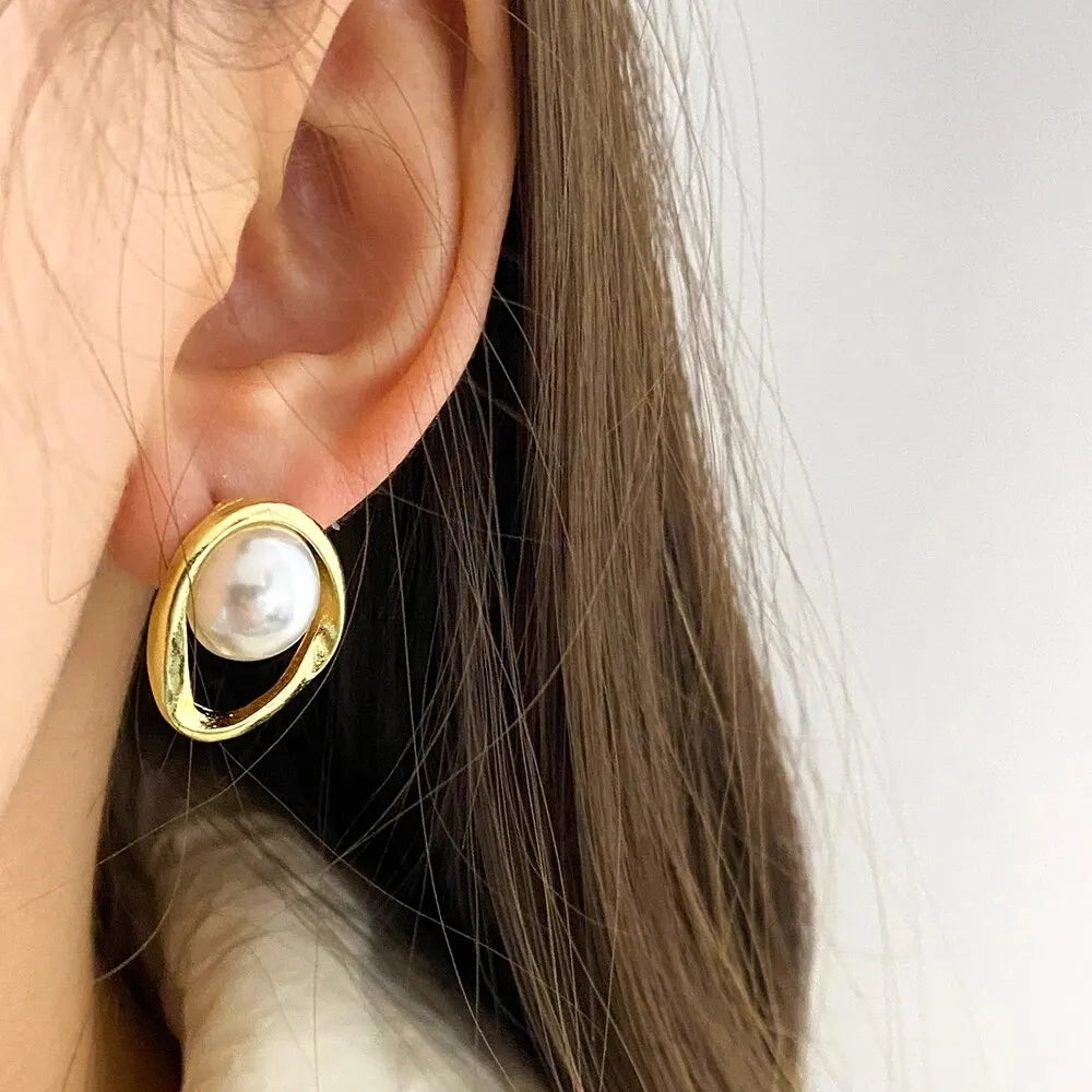 Imitation Pearl Earrings Gold Round Stud For Women Fashion - Smarsty