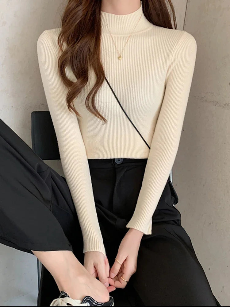 Autumn Winter Mock Neck Women Sweater Vintage Basic Solid Knitted Tops Casual Slim Pullover Korean Sweaters Simple Chic Jumpers - Smarsty