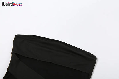Weird Puss Party Strapless Dress Women Patchwork Mesh Summer Trend Sleeveless Midnight Sexy Hip Mini Bodycon Skinny Clubwear - Smarsty