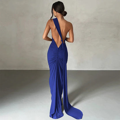 Hugcitar One Shoulder Backless Adjustable Scarf Loop Ruched Sexy Maxi Dress Women Elegant Y2K Streetwear Festival Outfit - Smarsty