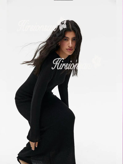 Hirsionsan Spring Autumn O-Neck Elastic Knit Long Dresses Women 2024 Elegant Chic Soft Lady Hollowing Sweater Dresses Femme New - Smarsty