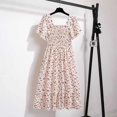 Spring Summer Chiffon Dress Women Midi DressesFemale Short Sleeve Elastic Waist Printed Floral Pleated Backless Casual Dress - Smarsty