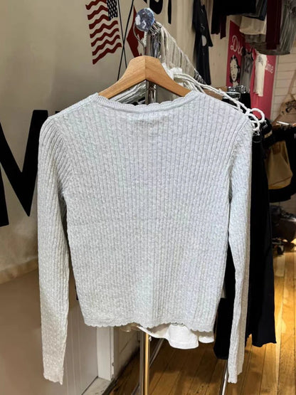 Pockets Twist Flower Knitted Sweater Cardigan O-Neck Single Breasted Long Sleeve Slim Sweaters Vintage Streetwear Gray Crop Tops - Smarsty