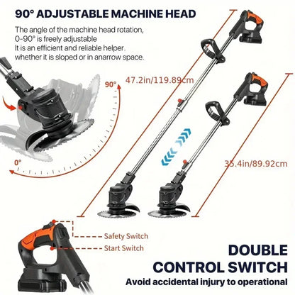 Wireless portable weed trimmer for lawn trimming. The trimmer is equipped with 2 lithium batteries and comes with replaceable bl