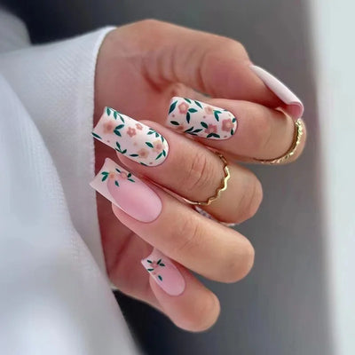 24 Piece Set Medium Long Press On Nails with Peach Flower Design - Smarsty