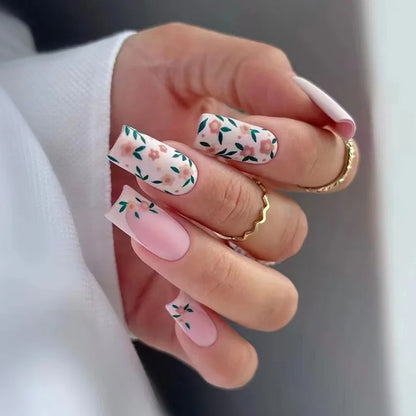 24 Piece Set Medium Long Press On Nails with Peach Flower Design - Smarsty