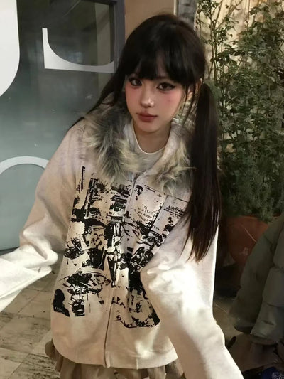Vintage Sweatshirts 2025 Women's Clothes White Print Tunic Hooded Y2k Coat Streetwear Fashion Casual Hoodies Tops Ropa Mujer - Smarsty