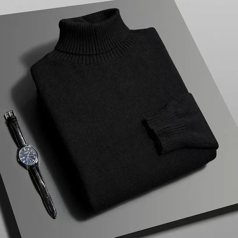 Autumn Mens High Quality Knitted Turtleneck Sweater Slim Fit Long Sleeve Anti-pilling Pullover Solid Color Trend Men Streetwea - Smarsty