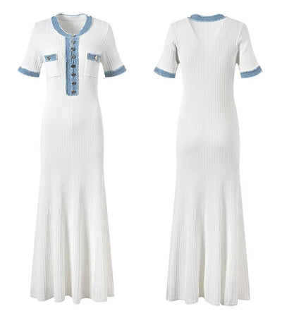 Elegant Contrasting Women Knit Maxi Dress Chic O-neck Short Sleeve Metal Buttons Bodycon Dresses Office Lady Commuting Robe - Smarsty