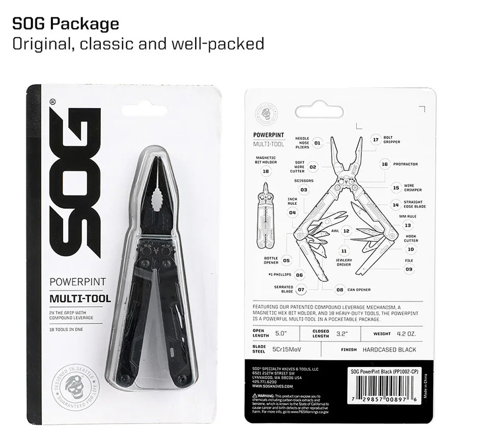 SOG PowerPint 18-in-1 Tactical Multi-Tool with Folding Pliers & Knife - EDC Pocket Gear for Outdoor, Hiking, Camping Survival