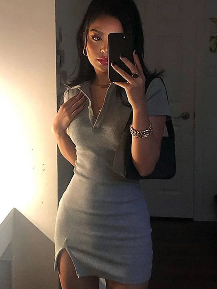 Short Sleeve Slit Sexy Mini Dress Summer Women Fashion Streetwear Outfits Cute Solid Party Clothing - Smarsty