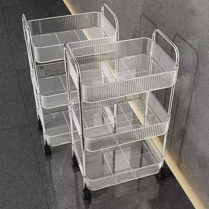 3/4 Layer Rolling Trolley Storage Rack Movable Trolley With Hanging Basket Bathroom Storage Makeup Snack Organizer Transparent