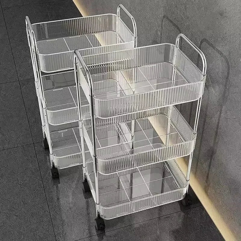 3/4 Layer Rolling Trolley Storage Rack Movable Trolley With Hanging Basket Bathroom Storage Makeup Snack Organizer Transparent