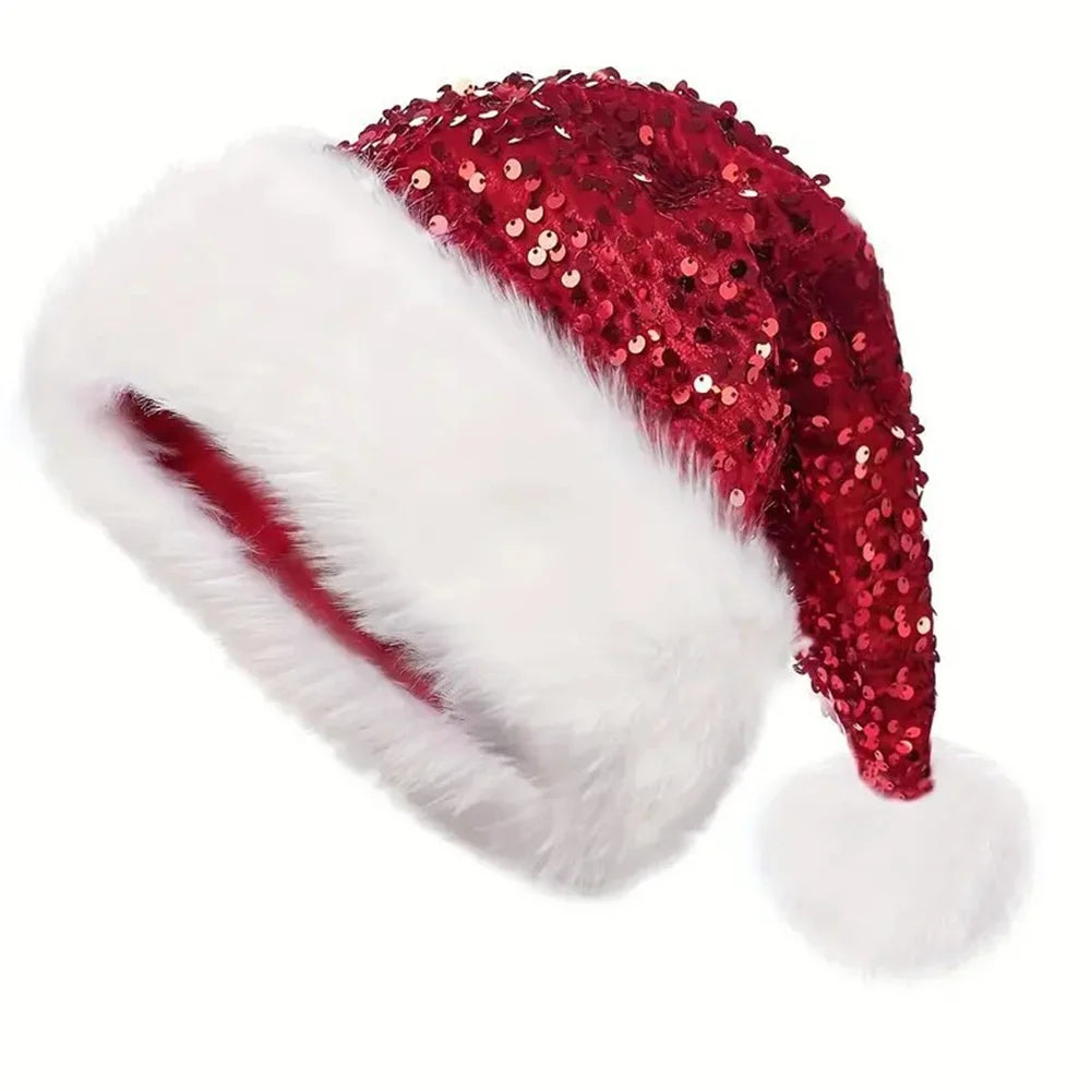 Sequin Christmas Hat Plush Solid Color Sparkle Santa Claus Hat with Long Fluffy Pompom For Adult Kids Christmas Party Decoration - Smarsty