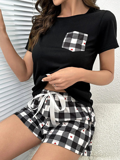 Summer Women's Pajamas Set Screw Neck Tee & Shorts Sleepwear 2 Pieces Heart Print Nightwear Elastic Drawstring Homewear Cloth - Smarsty