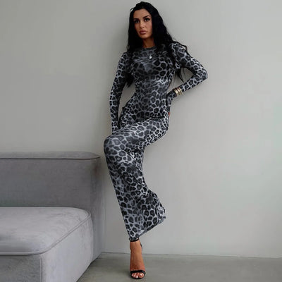 Hugcitar Leopard Print Mesh Long Sleeve Sexy Slim  See Through Maxi Dress Fall Women Fashion Outfits Beach Vacation Club - Smarsty
