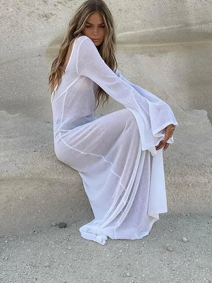 White Backless See-through Long Dress Women's Summer Slim High Waist Spliced Long Sleeve Solid Color Beach Long Dress - Smarsty