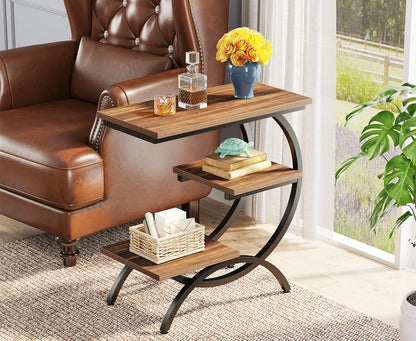 Tribesigns C-Shaped End Table, Industrial 3-Tier Small Table for Couch, Wood Bedside Table Snack Table with Storage Shelves