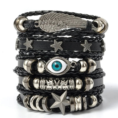 6pcs Black Punk Skull Leather Bracelets Set - Smarsty