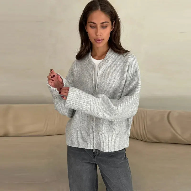 Vintage Knit Women Cardigan Casual Full Sleeve Zipper O Neck Pleated Solid Lady Sweater 2025 Autumn Fashion Female Knitwear - Smarsty