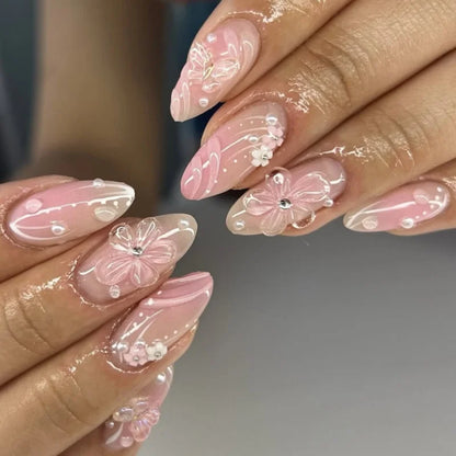 Colorful Press On Almond Nails Set with Pearl Flowers - Smarsty