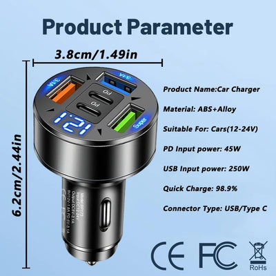 250W 5-in-1 PD QC3.0 Car Charger Fast Charging USB C for IPhone,Samsung Galaxy, IPad Pro, Multi-Port Cigarette Lighter Adapter - Smarsty