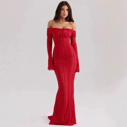 Suninheart White Off The Shoulder Autumn Bodycon Dress 2025 Long Sleeve Elegant Lace Maxi Dress Wedding Guest Dress for Women