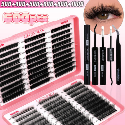 GROINNEYA DIY Lash Clusters Kit Mixed Tray Eyelash Extension Full Set Individual Lashes with Lash Bond&Seal and Tweezers Tool - Smarsty