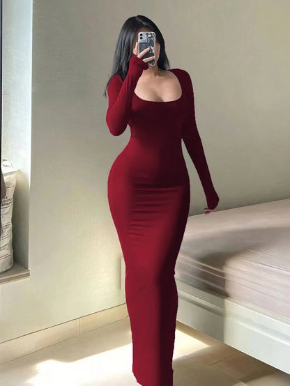 Women's Solid Long Sleeve Bodycon Dress, Chic Basic Minimalist Causual Fashion Scoop Neck Long Dress, Womenswear - Smarsty