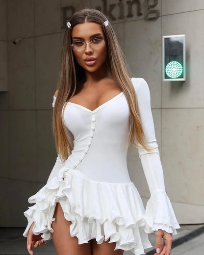 Absobe Women's A-Line Bodycon Mini Dress Ruffle Hem V-Neck Asymmetrical Buttons Long Sleeve Short Dress Party Streetwear Outfits - Smarsty