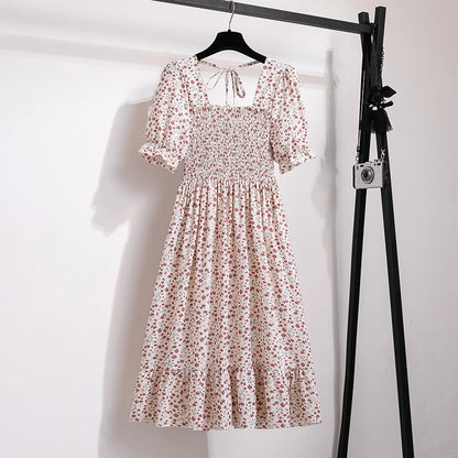 Summer Pleated Women Chiffon Dresses Casual Beach Holiday Short Sleeve Square Collar Woman Midi Dress Bohemian Mujer Vestidos - Smarsty