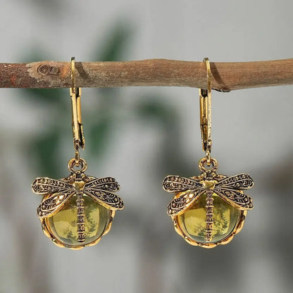Vintage Dragonfly Drop Earrings with Moonstone Inlaid Design - Smarsty