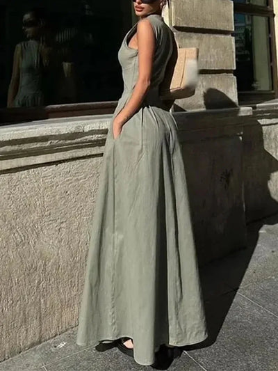 MUJER Zipper Long Dress Woman Pleated Sleeveless Bodycon Dress Summer Elegant Party Dresses For Women 2025 New Midi Dresses - Smarsty