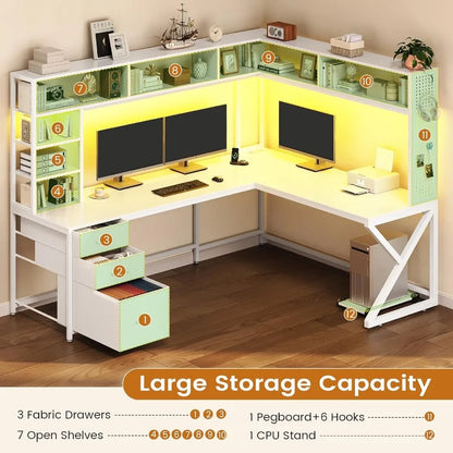 Corner Computer Desk Convertible 94.5 Gaming Desk with Storage Drawers Hutch and Pegboard L Shaped Office Desk with Power Outle