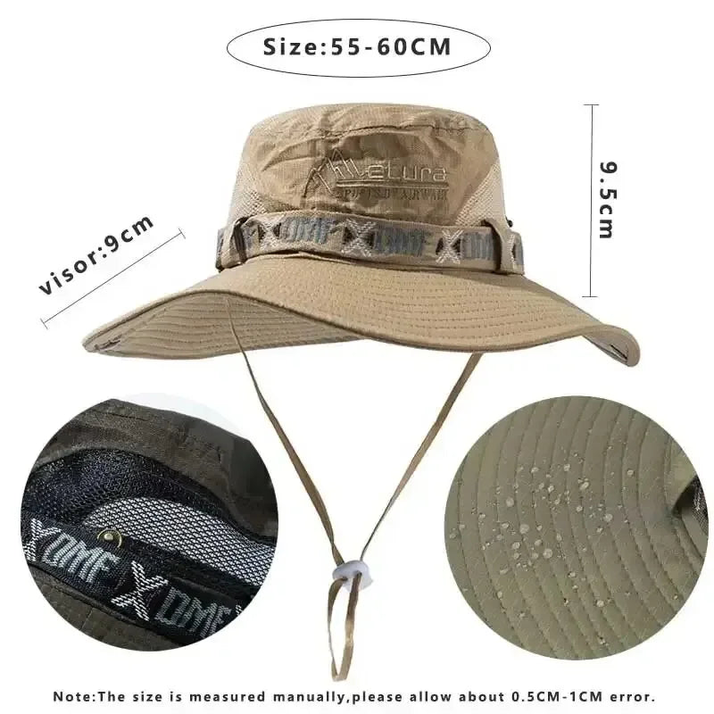 Summer Men Bucket Hat Outdoor UV Protection Wide Brim Panama Safari Hunting Hiking Hat Mesh Fisherman Hat Beach Sunscreen Cap - Smarsty