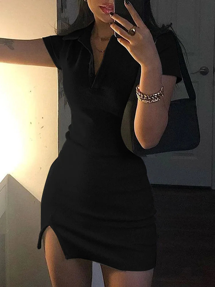 Short Sleeve Slit Sexy Mini Dress Summer Women Fashion Streetwear Outfits Cute Solid Party Clothing - Smarsty