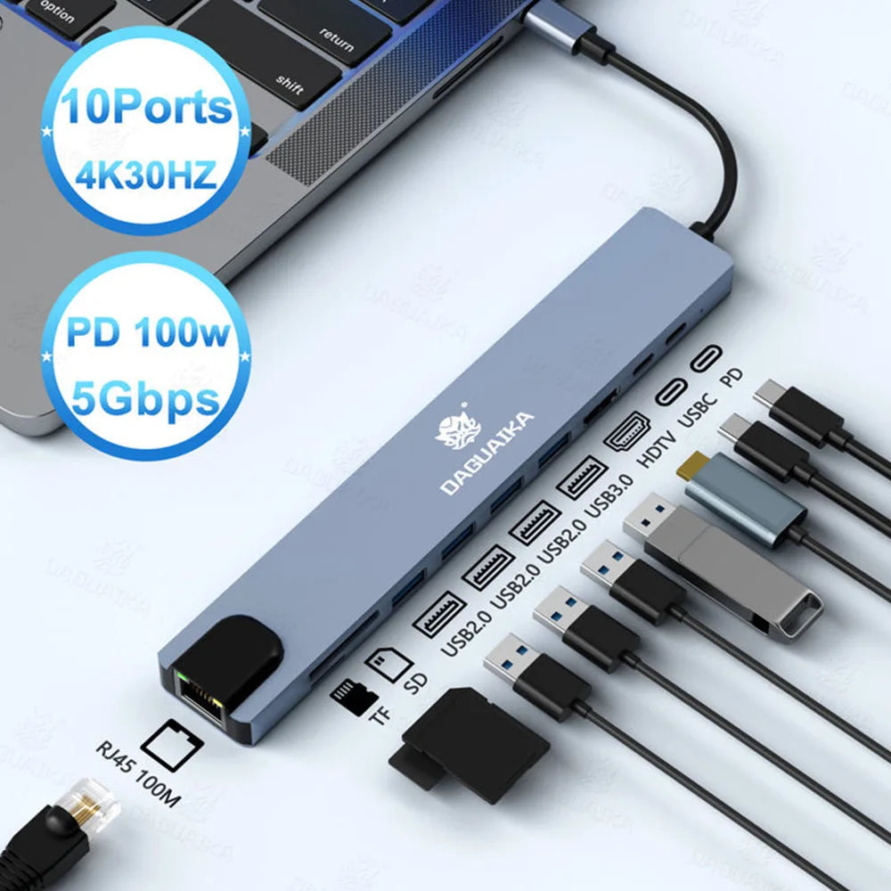 USB C Hub 4K30Hz Dock With HDMI RJ45 Ethernet PD100W