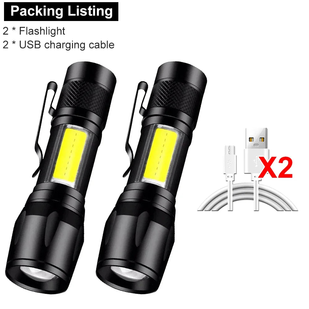 Mini LED Flashlight COB+XPE Portable Torch USB Charging Camping Lantern Zoomable Focus Light Tactical Flashlight with Pen Clip - Smarsty