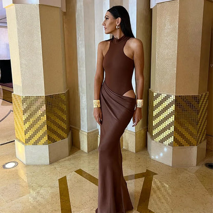 JULISSA MO Satin Sexy Hollow Out Women Maxi Dress Black Sleeveless High Waist Dress Female Autumn Skinny Elegant Party Clubwear - Smarsty