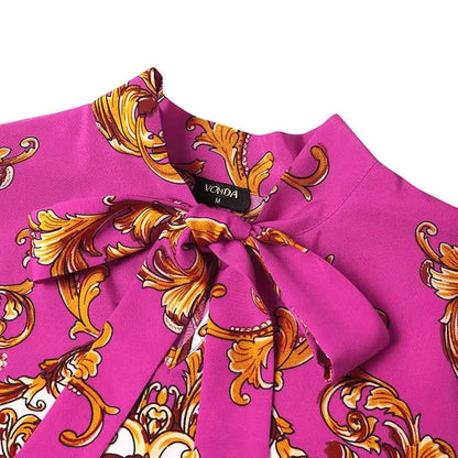 VONDA Maxi Dress 2024 Summer Women Bohemian Printed Party Sundress Long Sleeve Stand Collar Casual Robe Holiday Vestidos Belted - Smarsty