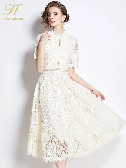H Han Queen Spring New Elegant Casual Work Party Dresses Floral Crochet Hollow Out Lace Patchwork Casual Office Midi Dress - Smarsty