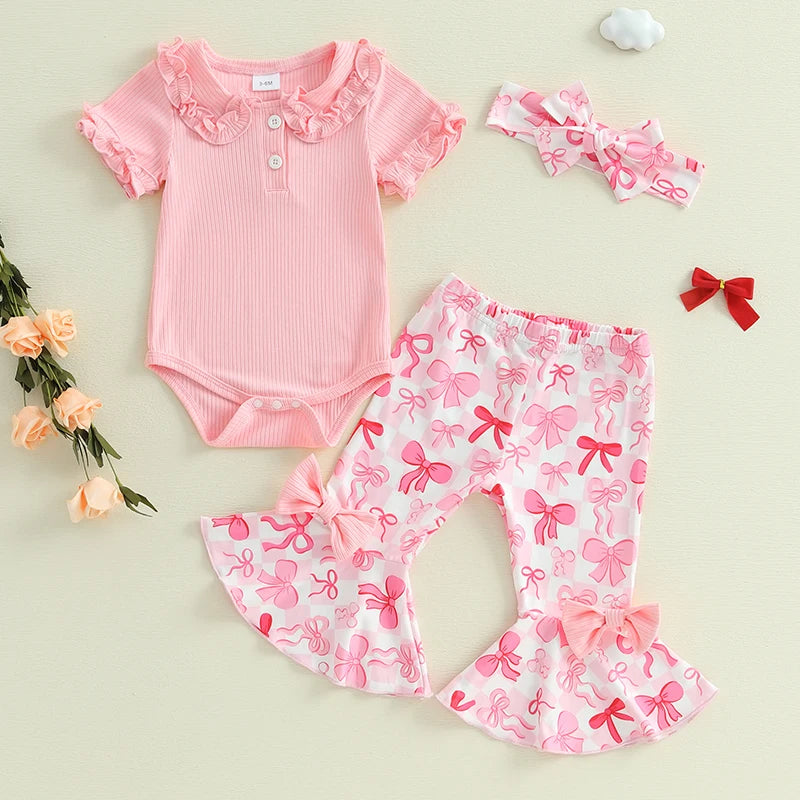 Toddler Girls 3-Piece Outfit Set with Ruffle Sleeve Romper Floral Print Bell Bottom Pants and Matching Headband
