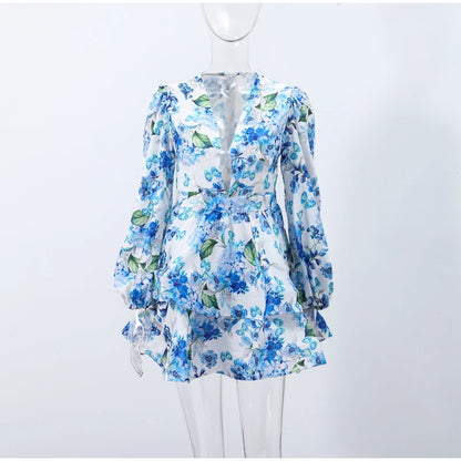 Backless Party Dress Women Elegant 3D Flower Print Sling Lace Up Ruffle A-line Mini Evening Dresses Female 2025 Summer Swimwears - Smarsty