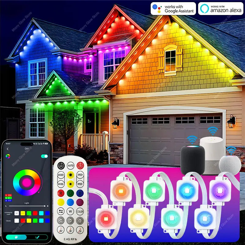 Permanent Outdoor String Lights 60M 120LEDs Smart RGBIC LED Lights IP67 Waterproof Full House Eaves Lights Halloween Decor Alexa
