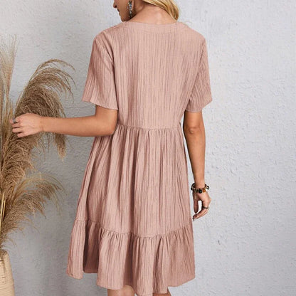 2025 Loose V-neck Short Sleeved Pleated Women Dress Solid Color A-line Beach Dresses Elegant Simple Comfortable Woman Clothing - Smarsty