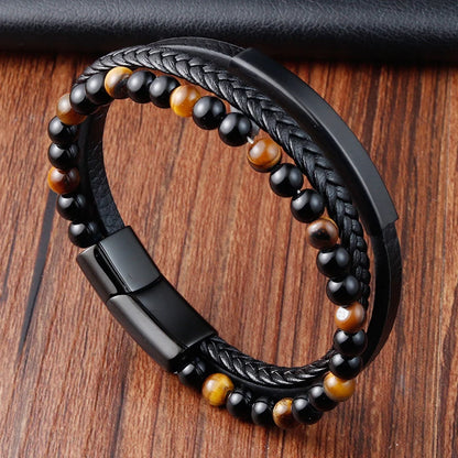 Men's Leather Charm Bracelet Stainless Steel Magnetic Clasp - Smarsty