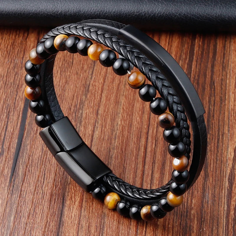 Men's Leather Charm Bracelet Stainless Steel Magnetic Clasp - Smarsty