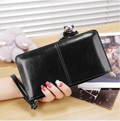 Women's Vintage Oil Wax PU Leather Clutch Wallet Female Large Capacity Phone Purse Ladies Wristband Simple Card Holder Pouch Bag